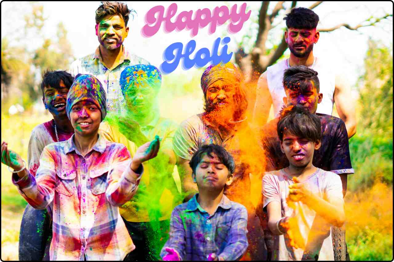 Boys playfully throwing colored powders at each other during Holi celebrations.